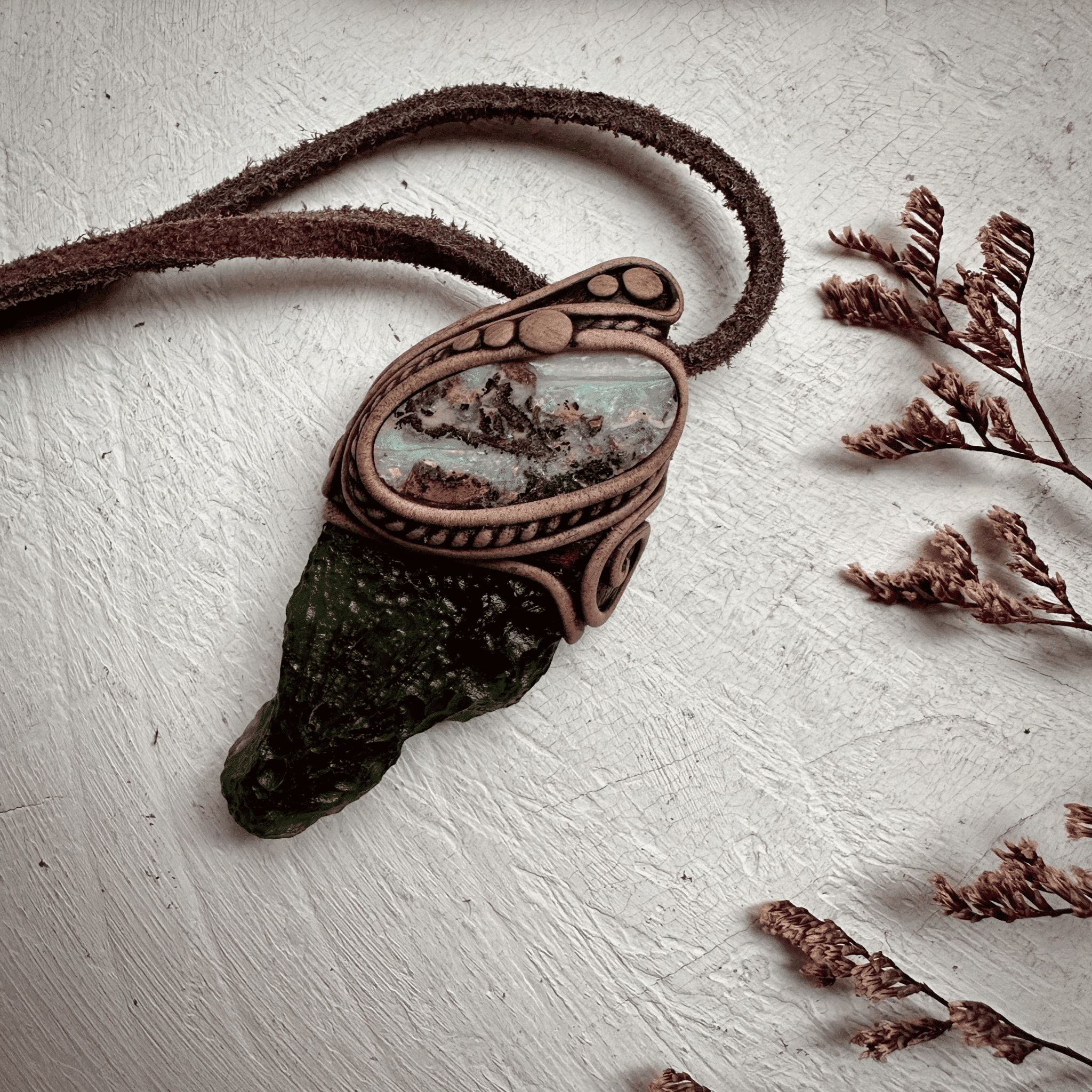 Large Moldavite and Boulder Opal Necklace - FairyGardenGlow