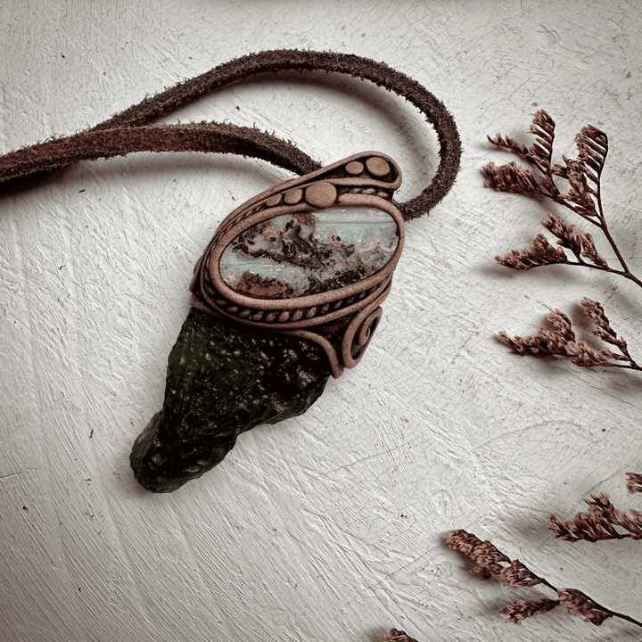 Large Moldavite and Boulder Opal Necklace - FairyGardenGlow
