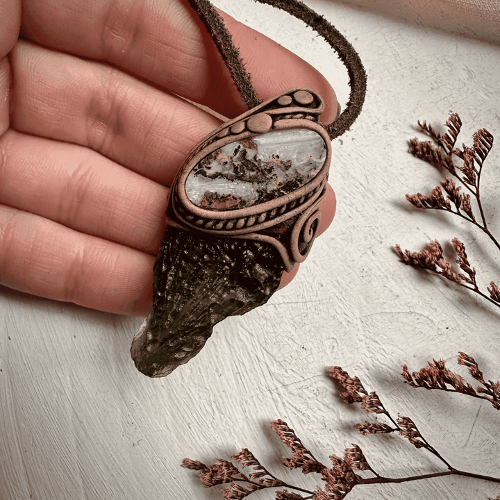 Large Moldavite and Boulder Opal Necklace - FairyGardenGlow