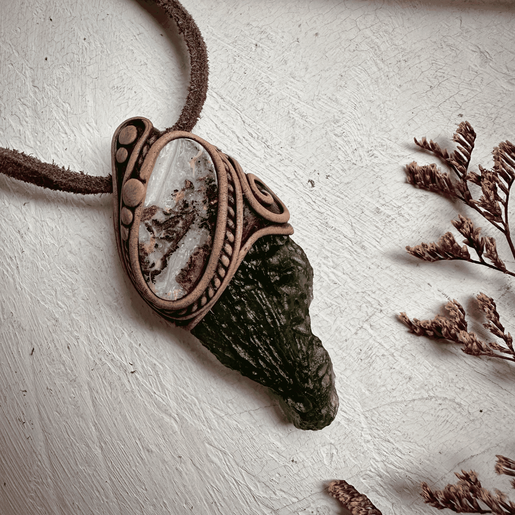 Large Moldavite and Boulder Opal Necklace - FairyGardenGlow