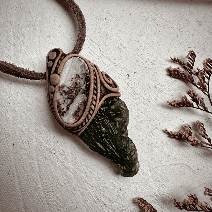 Large Moldavite and Boulder Opal Necklace - FairyGardenGlow