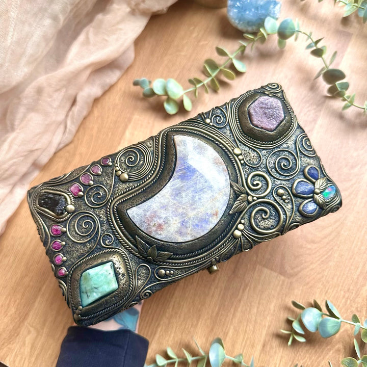 Large moonstone moon centerpiece set in a handmade crystal and gemstone decorated box