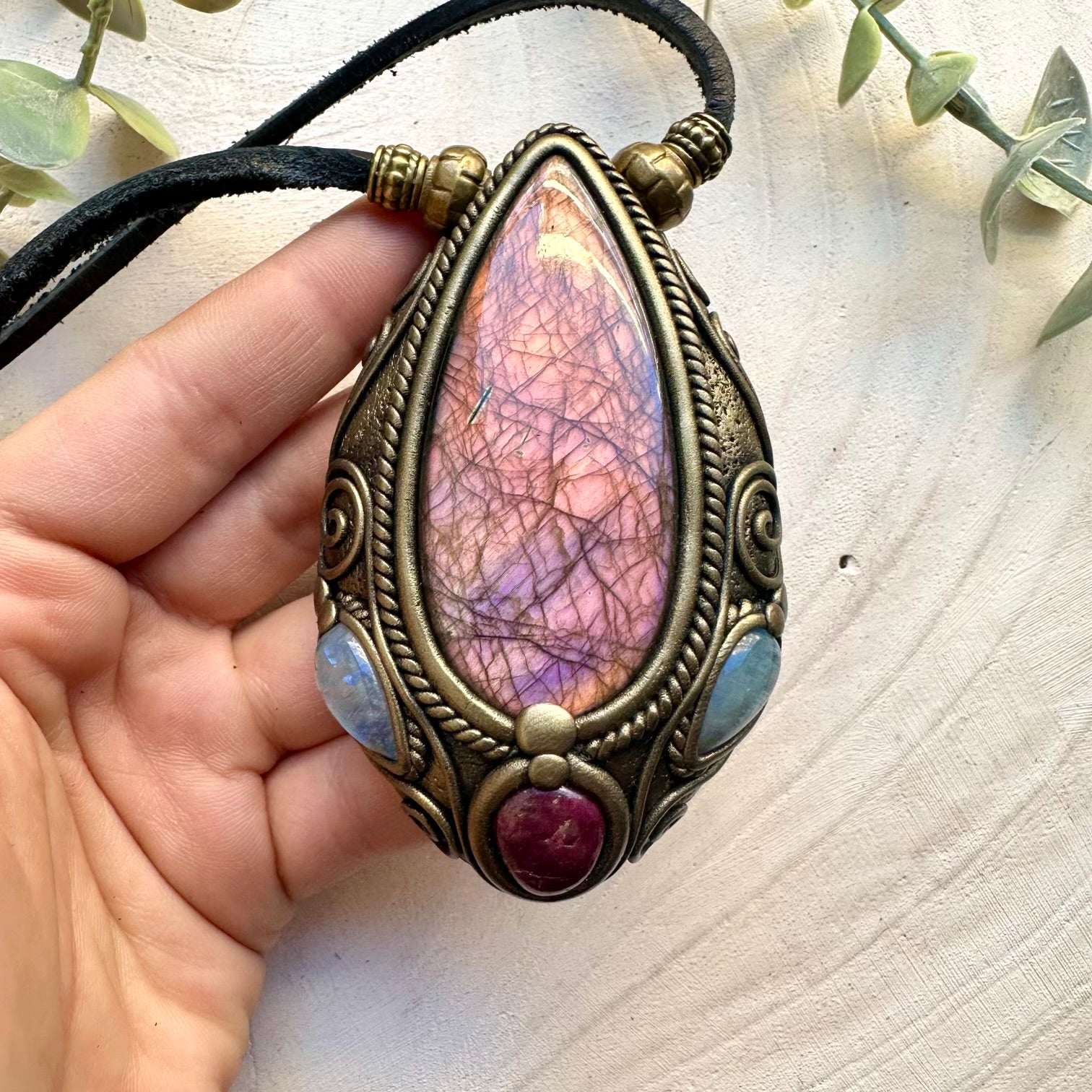 Large pink labradorite with rainbow moonstone and ruby necklace