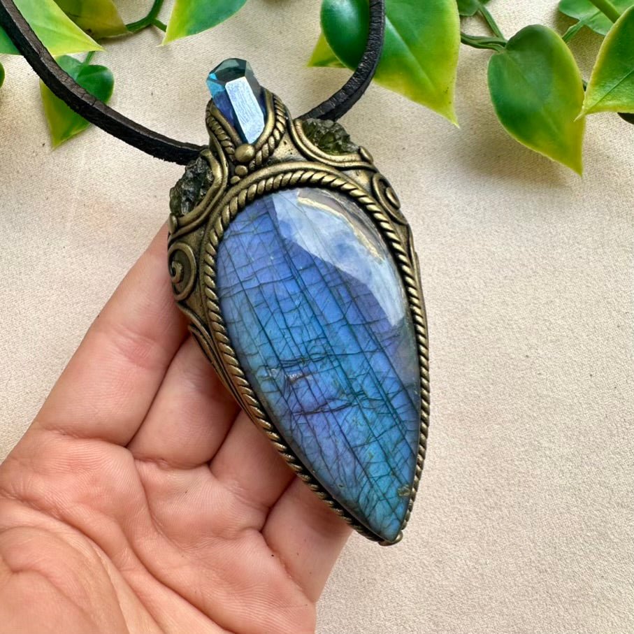 Large Deep Purple - Blue Labradorite with Aqua Aura Quartz and Moldavite Necklace - FairyGardenGlow