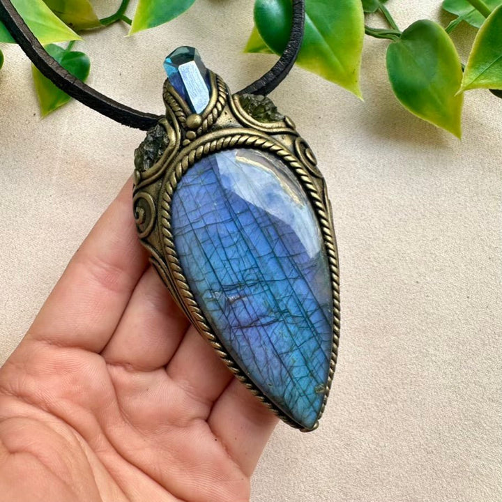 Large Deep Purple - Blue Labradorite with Aqua Aura Quartz and Moldavite Necklace - FairyGardenGlow