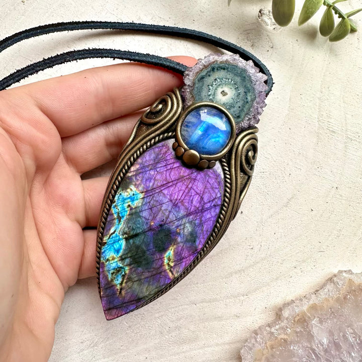 Large purple labradorite amethyst stalactite and rainbow moonstone pendant necklace