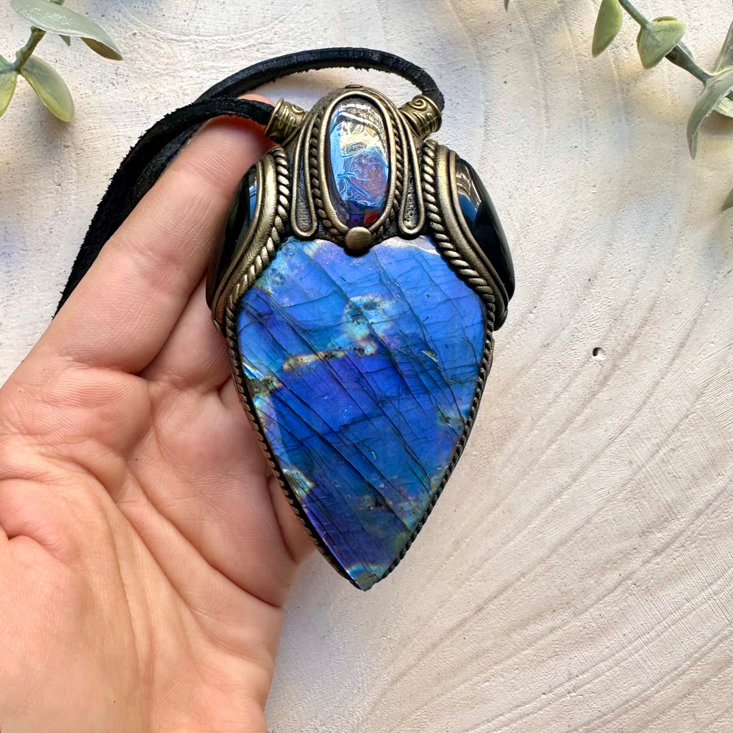 Large purple labradorite with boulder opal and black onyx pendant necklace