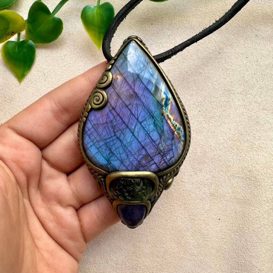 Gorgeous Large Purple Labradorite with Moldavite and Tanzanite Pendant Necklace, Handmade Spiritual Jewelry - FairyGardenGlow