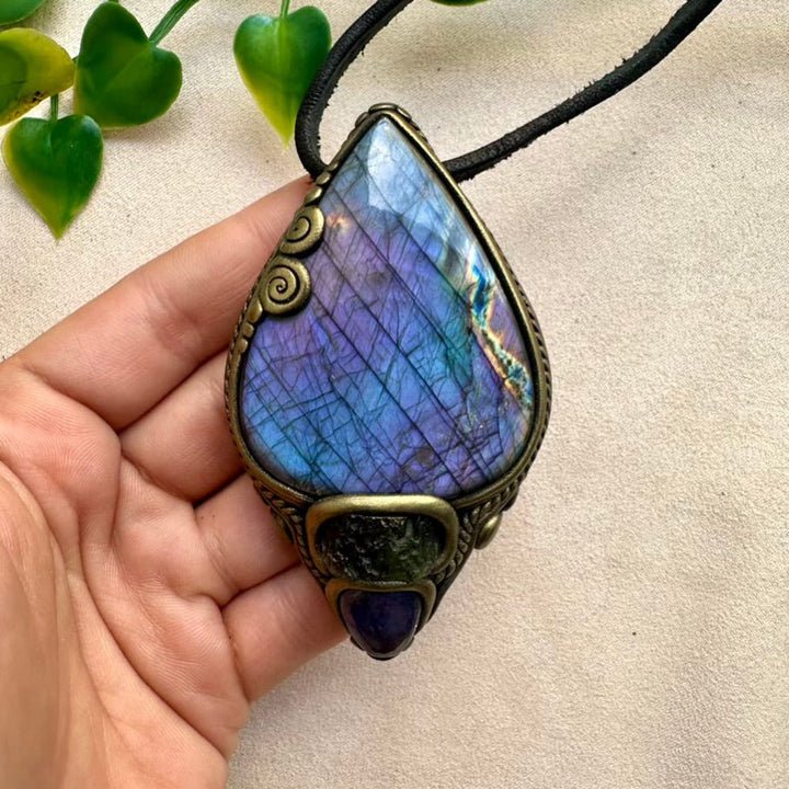 Gorgeous Large Purple Labradorite with Moldavite and Tanzanite Pendant Necklace, Handmade Spiritual Jewelry - FairyGardenGlow
