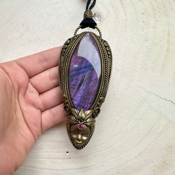 Handmade goddess necklace with large purple labradorite and ruby