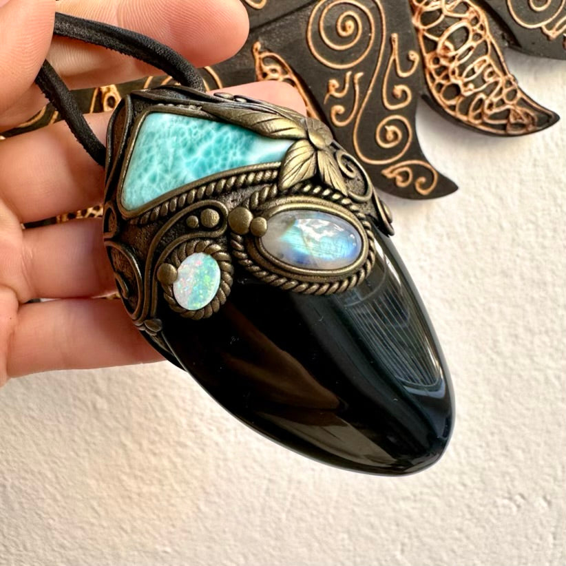 Large pendant necklace with Rainbow Obsidian, Larimar, Rainbow Moonstone and Australian Opal doublet