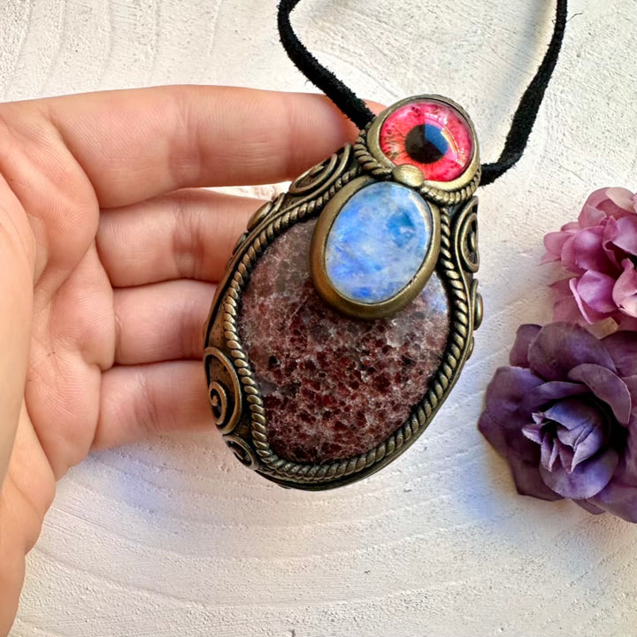 Handmade large Red Garnet and Rainbow Moonstone eye pendant necklace, spiritual protection crystal amulet jewelry.