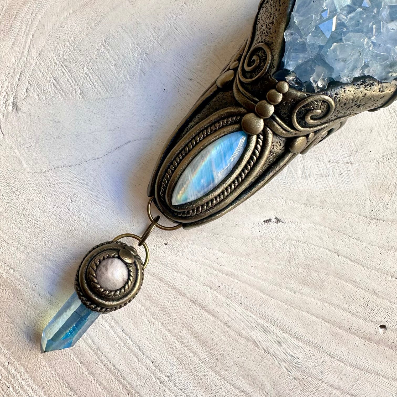 Rose quartz crystal wand with opal and morganite for ritual use