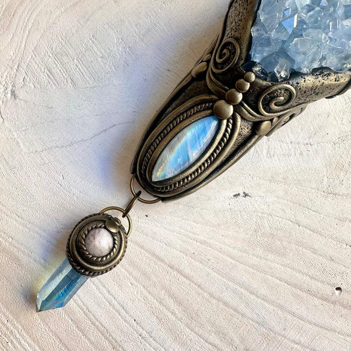 Rose quartz crystal wand with opal and morganite for ritual use