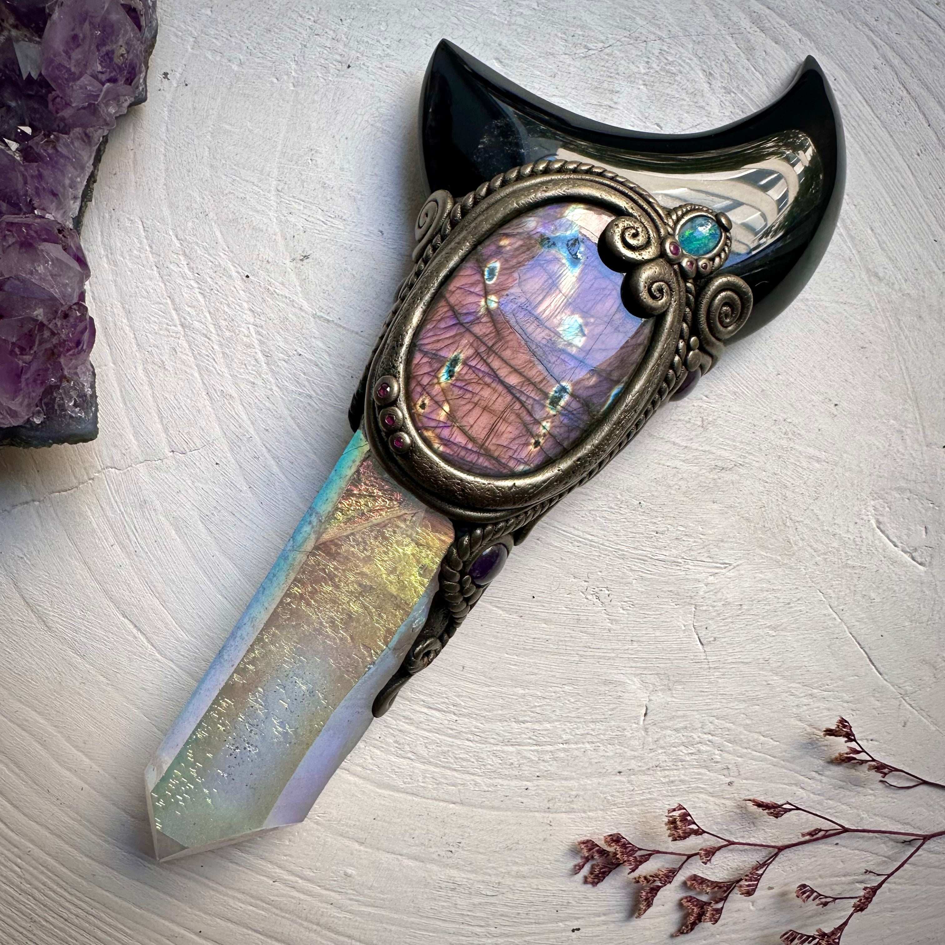 Large Angel Aura Quartz Black Obsidian Moon Labradorite Australian Opal Amethyst and Ruby Wand - FairyGardenGlow