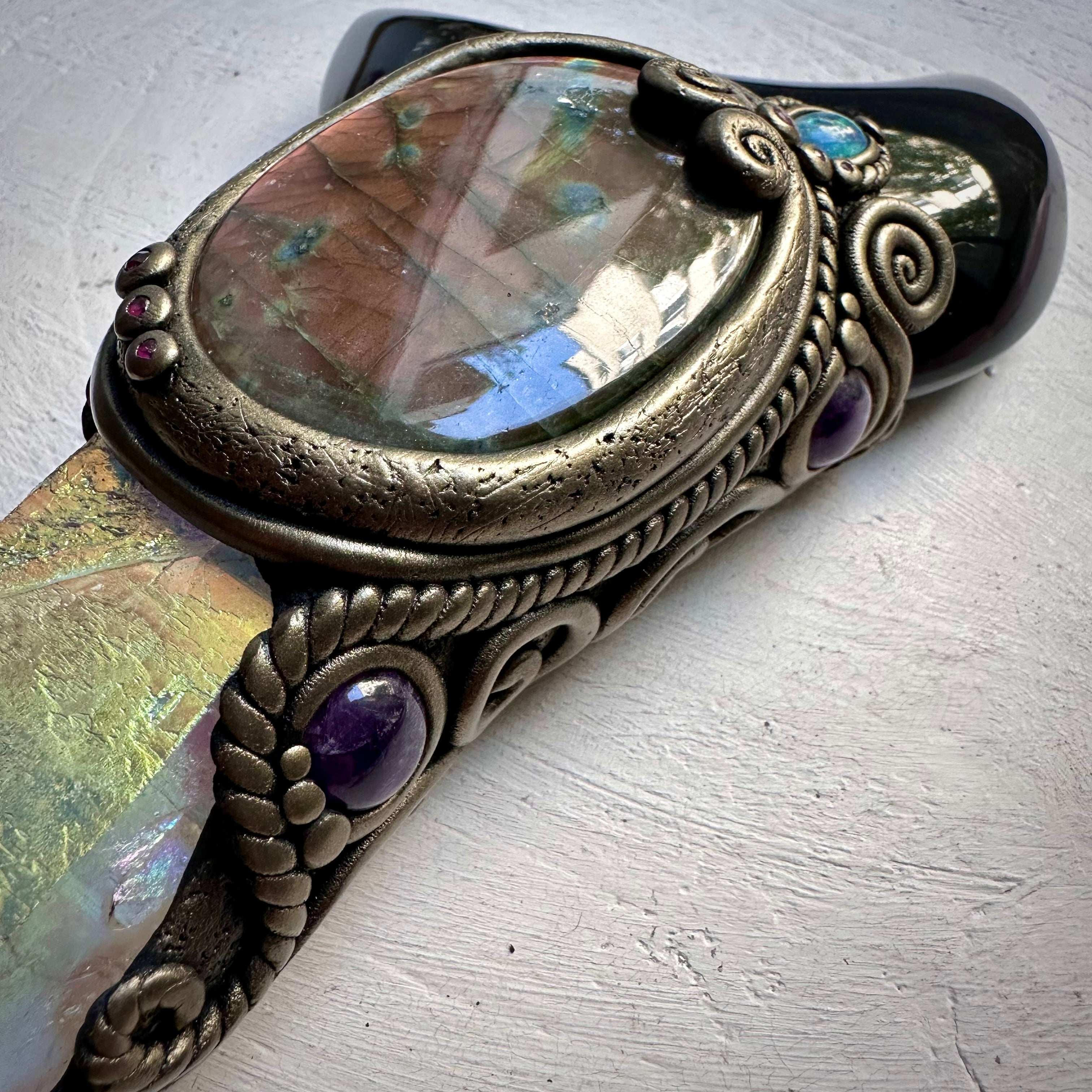 Large Angel Aura Quartz Black Obsidian Moon Labradorite Australian Opal Amethyst and Ruby Wand - FairyGardenGlow