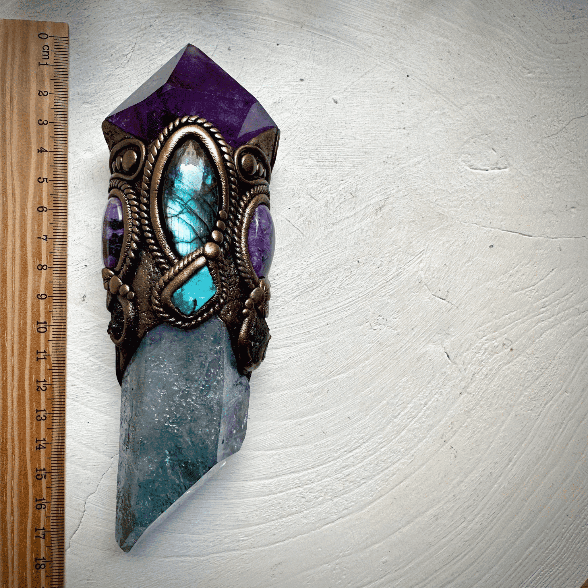 Large Aqua Aura Quartz with Polished Amethyst, Labradorite, Charoite, Chrysocolla and Moldavite Wand - FairyGardenGlow