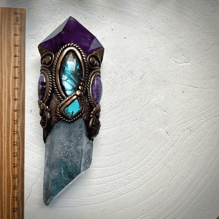 Large Aqua Aura Quartz with Polished Amethyst, Labradorite, Charoite, Chrysocolla and Moldavite Wand - FairyGardenGlow