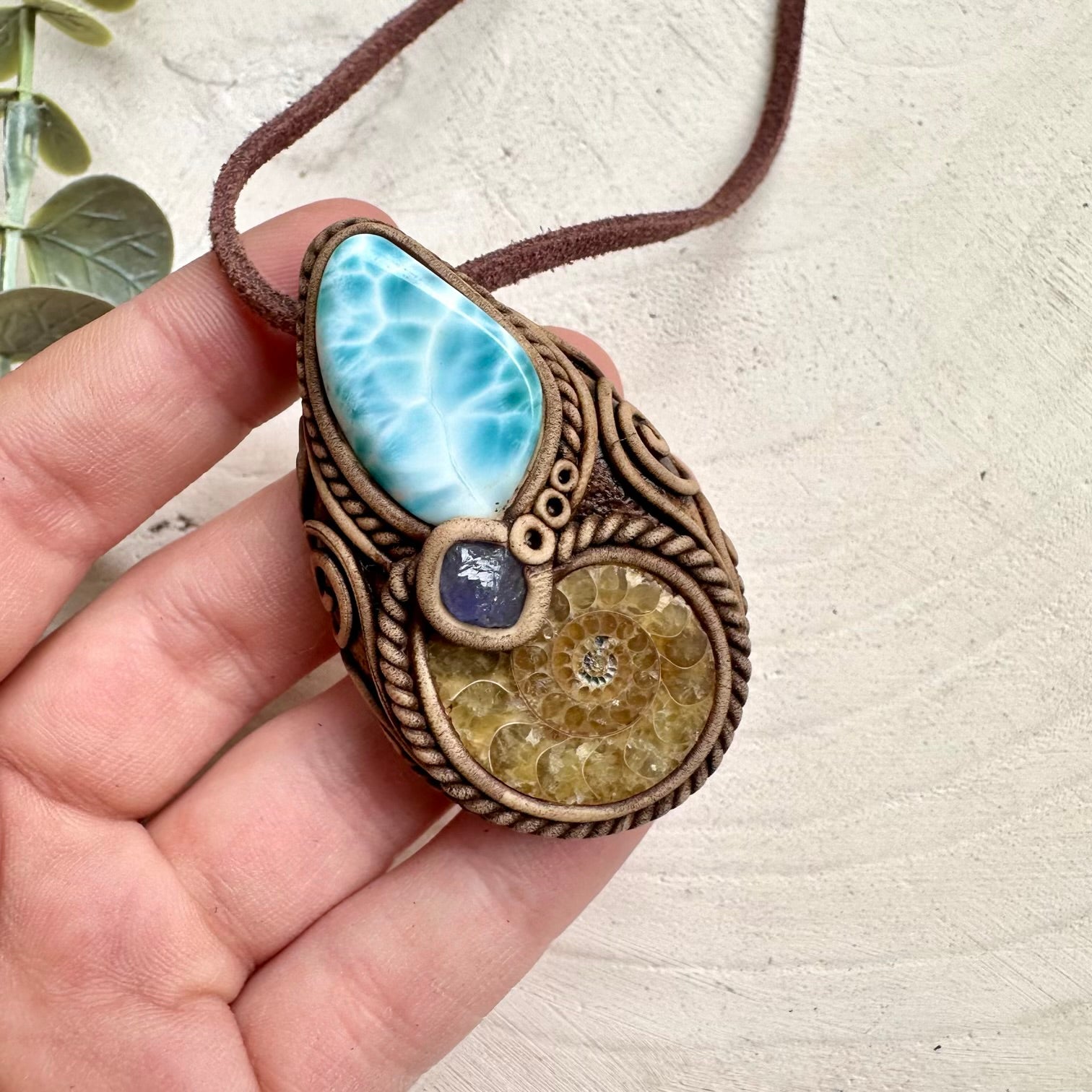 Handmade necklace with larimar ammonite and tanzanite gemstones