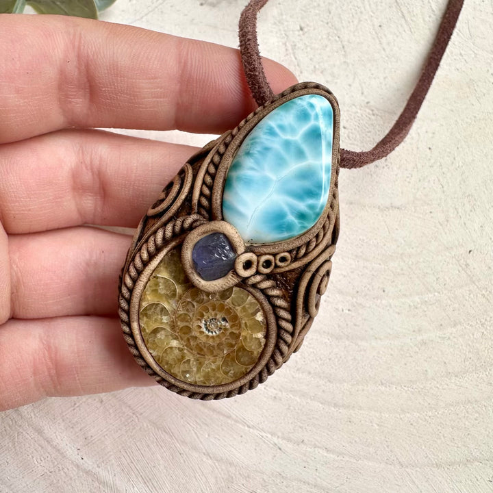 Larimar ammonite and tanzanite unisex pendant necklace