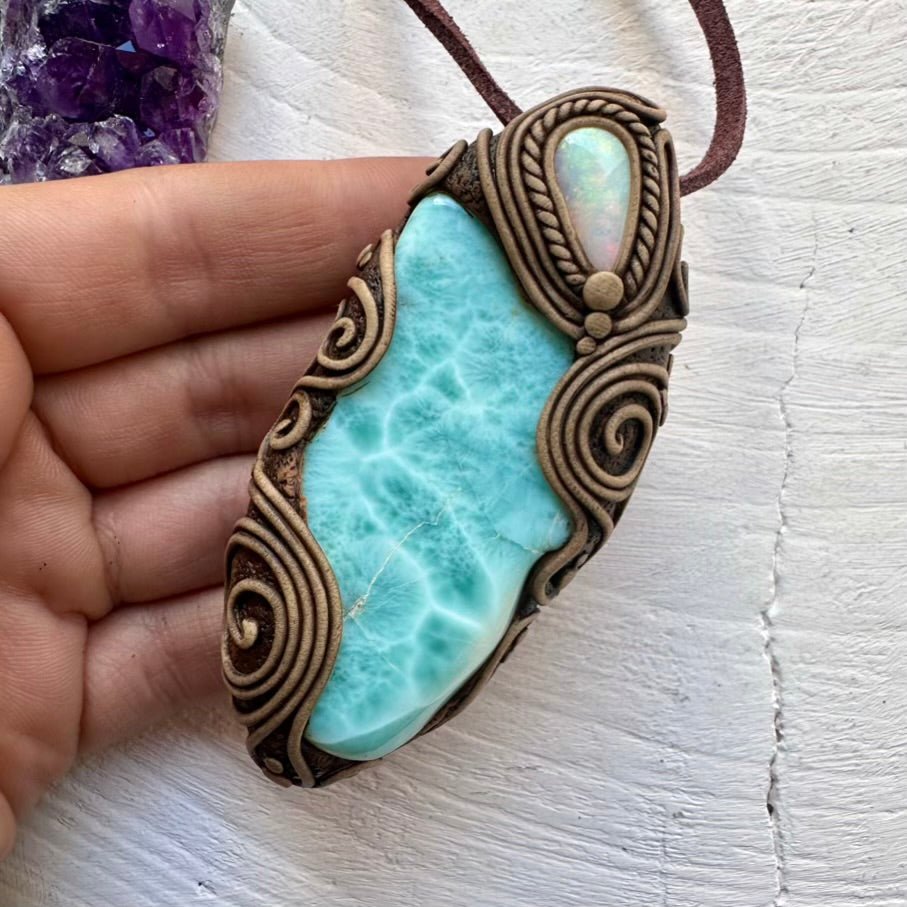 Large Larimar and Australian Opal Pendant Necklace, Healing Crystal Jewelry - FairyGardenGlow