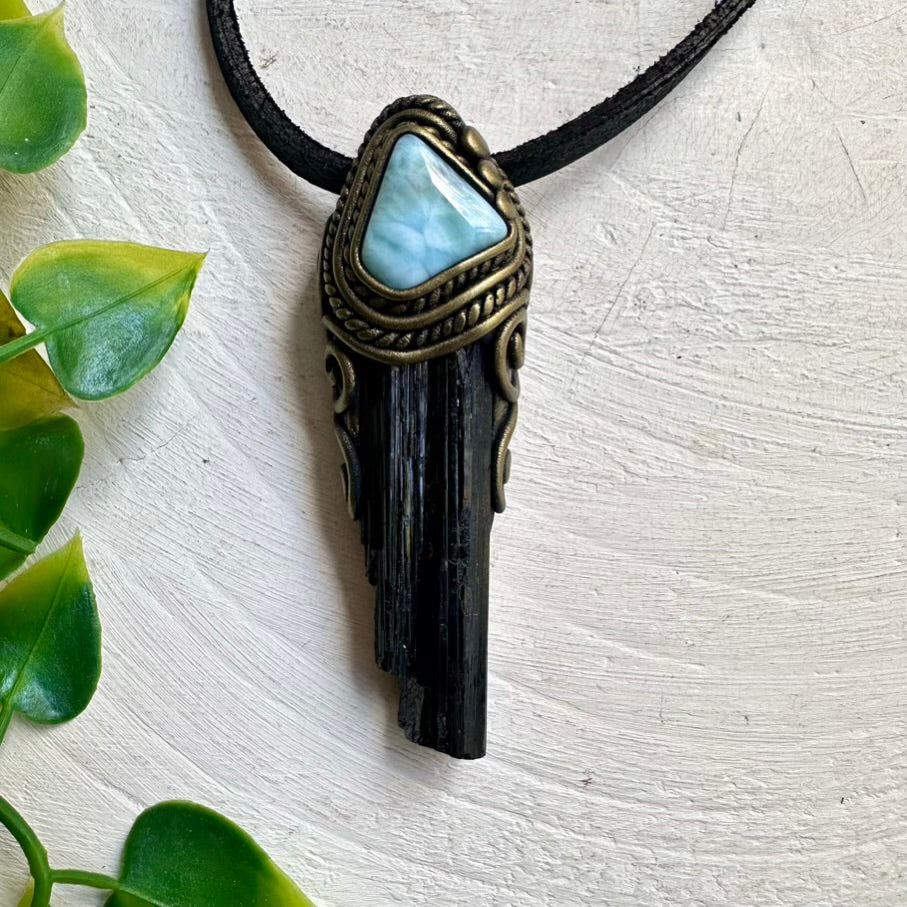 Handmade Necklace with Larimar and Black Tourmaline – Healing Gemstone Jewelry for Protection and Peace