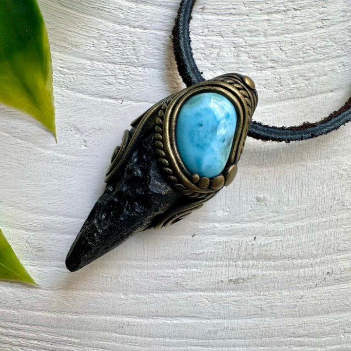 Handmade Necklace with Black Tektite and Larimar – Healing Crystal Jewelry for Peace and Strength