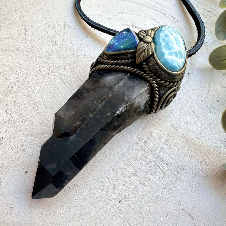 Crystal necklace designed for soothing energy and clarity with smoky quartz