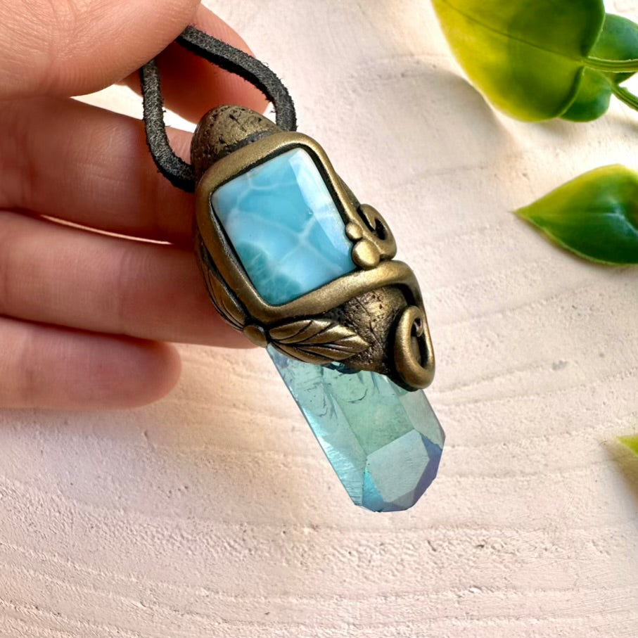 Handcrafted necklace with Aqua Aura Quartz and natural Larimar