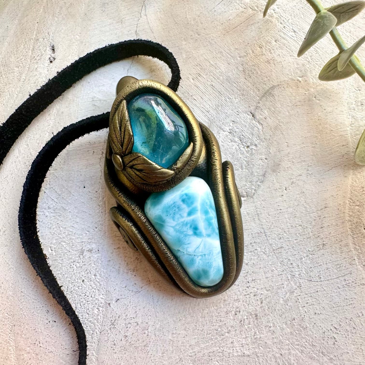 Handmade boho healing crystal necklace featuring Larimar and Aqua Aura Quartz, a unique crystal talisman designed for peace, emotional healing, spiritual connection, positive energy and inner harmony.