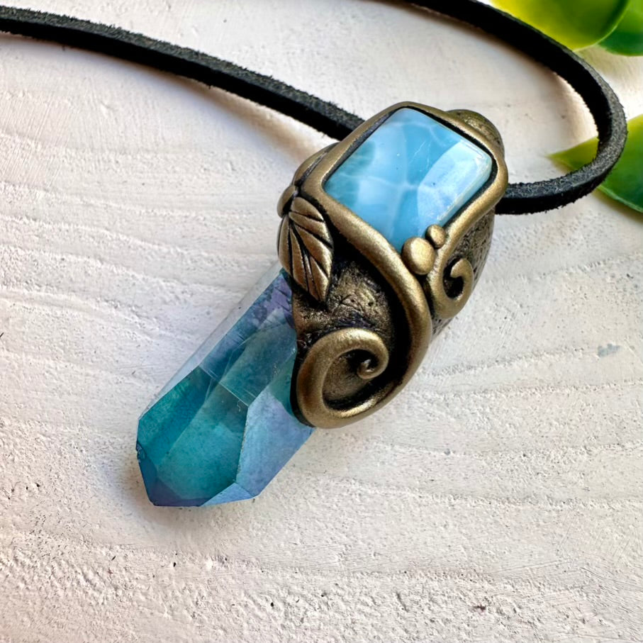 Unique crystal pendant with Aqua Aura Quartz and Larimar