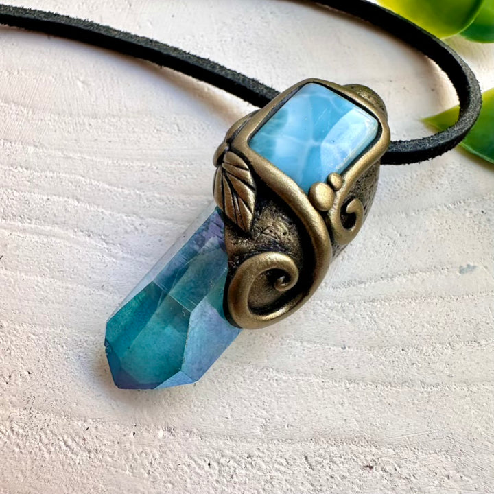 Unique crystal pendant with Aqua Aura Quartz and Larimar