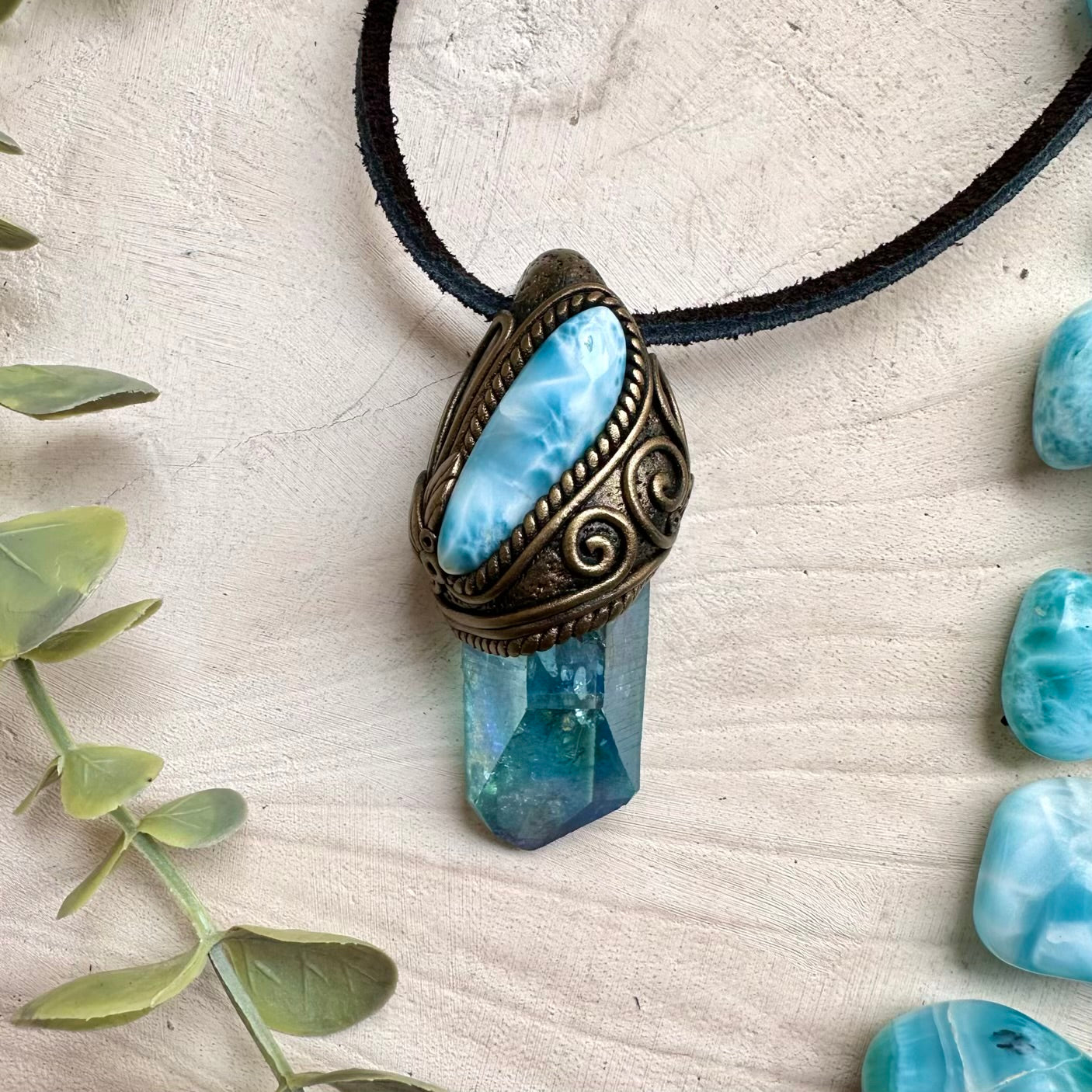 Handmade necklace with aqua aura quartz and larimar gemstone