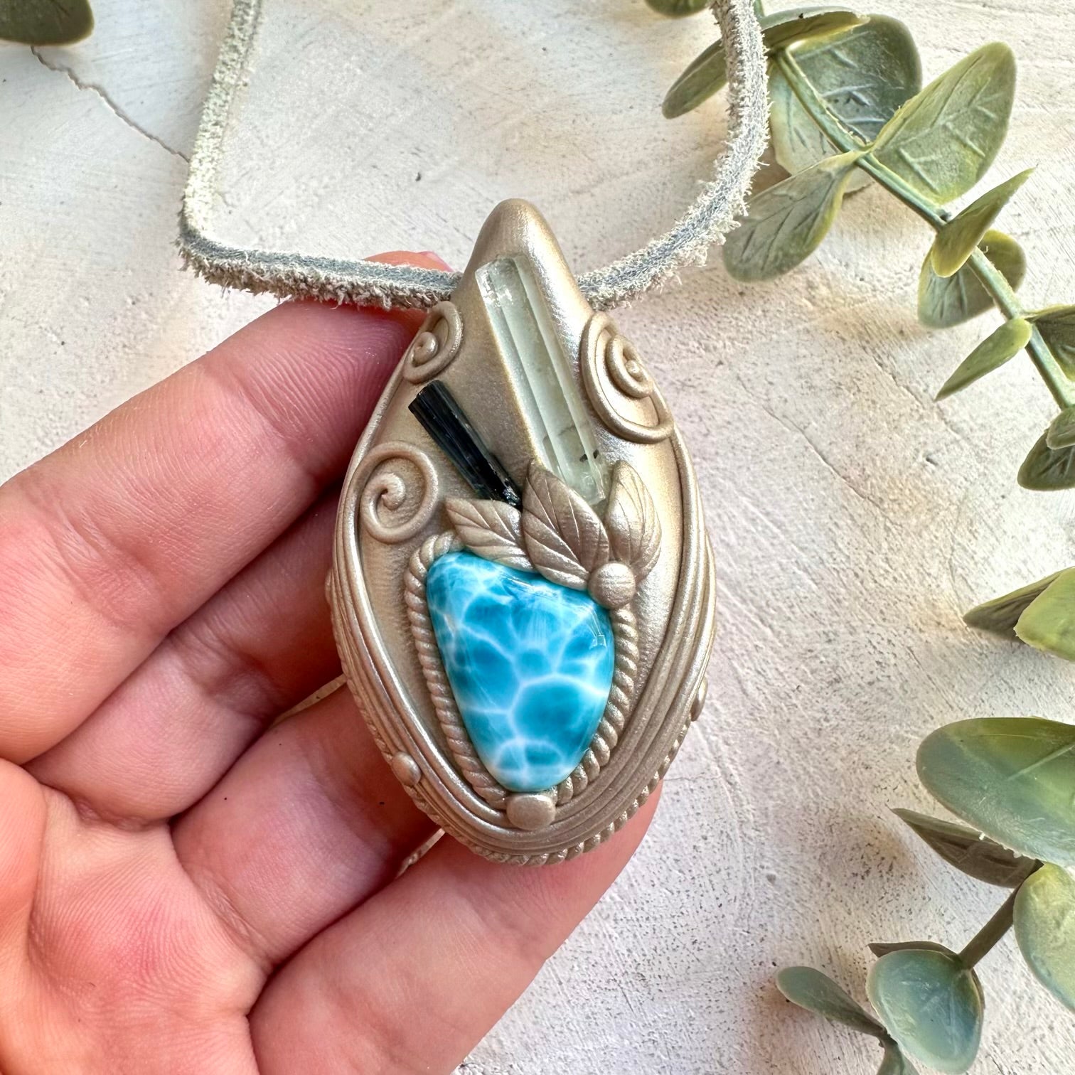 Larimar necklace with Aquamarine and Blue Tourmaline handmade with natural gemstones