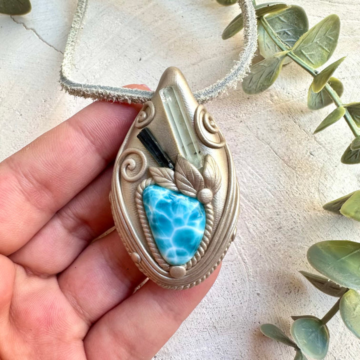 Larimar necklace with Aquamarine and Blue Tourmaline handmade with natural gemstones