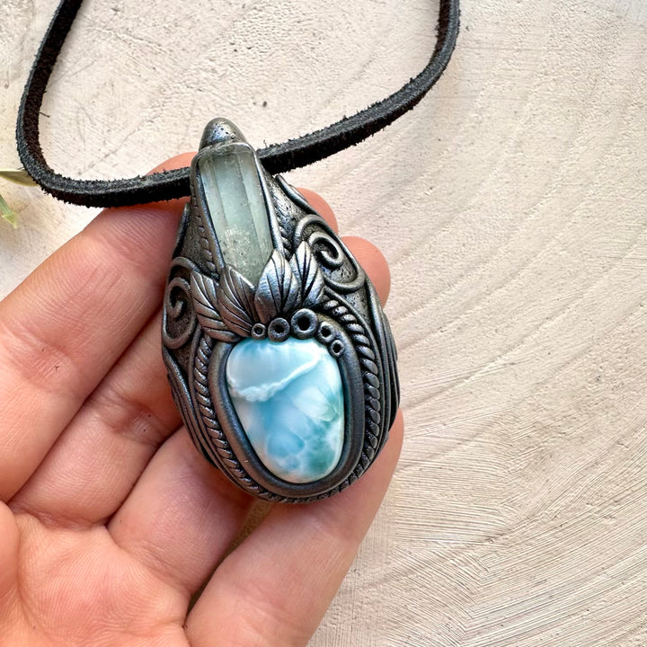 Energy pendant with larimar and aquamarine