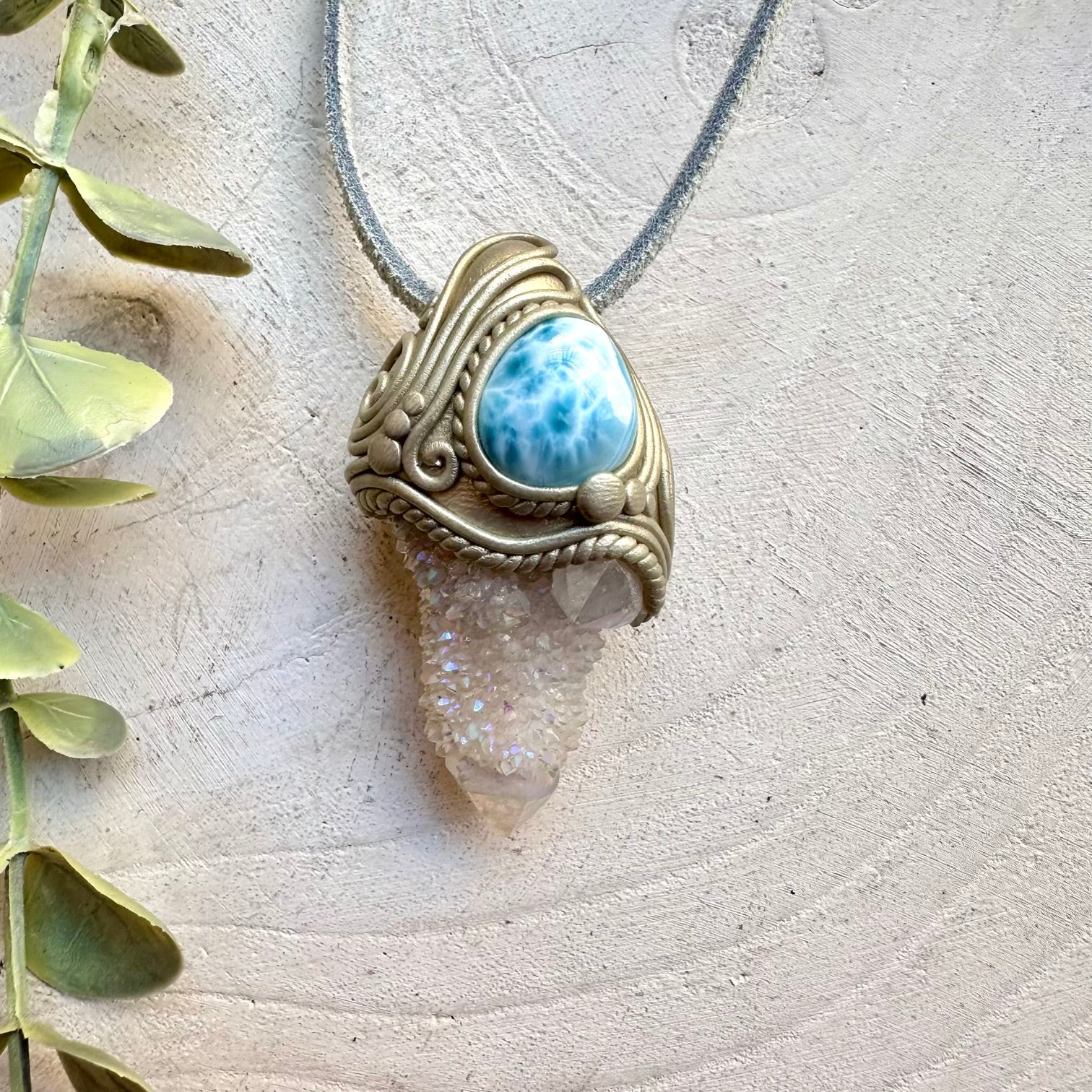 Healing crystal pendant with angel aura quartz and larimar