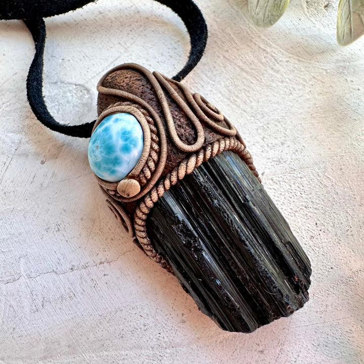 Handmade spiritual necklace with ocean blue Larimar and Black Tourmaline