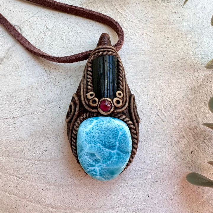 Larimar, Black Tourmaline and Rhodolite Garnet necklace handmade with natural gemstones