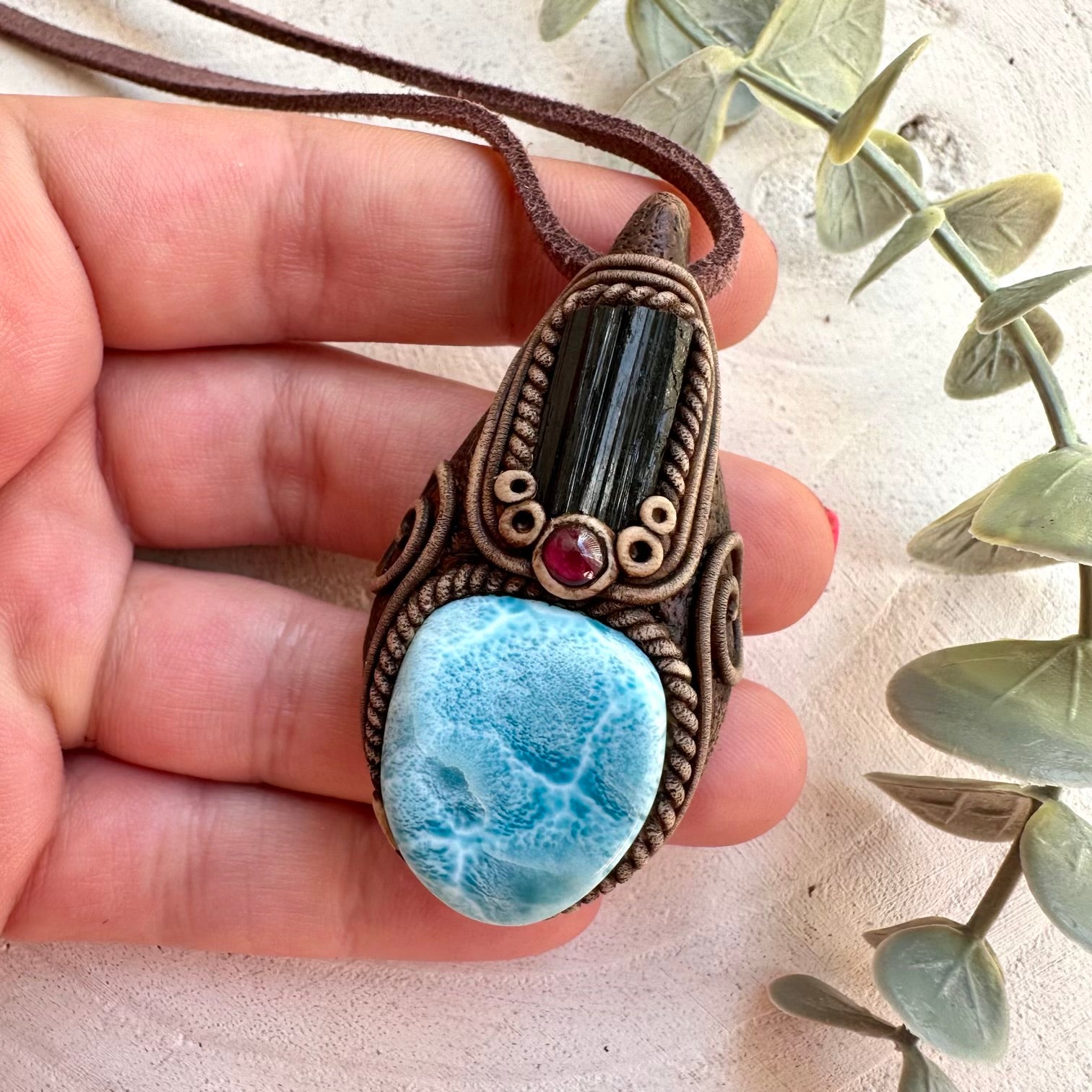 Protection crystal necklace featuring Larimar, Tourmaline and Garnet