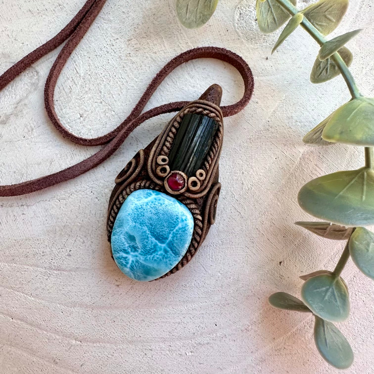 Healing crystal jewelry with Larimar ocean stone and Black Tourmaline