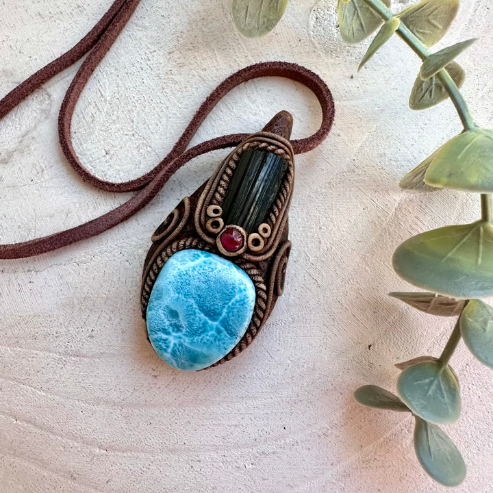 Healing crystal jewelry with Larimar ocean stone and Black Tourmaline