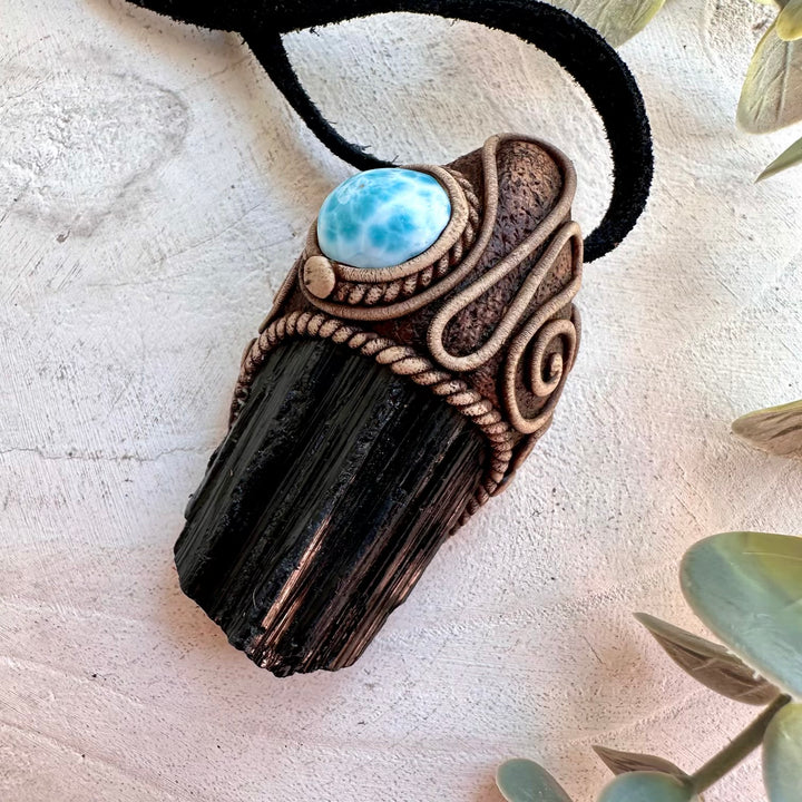 Healing crystal jewelry combining grounding Tourmaline and calming Larimar