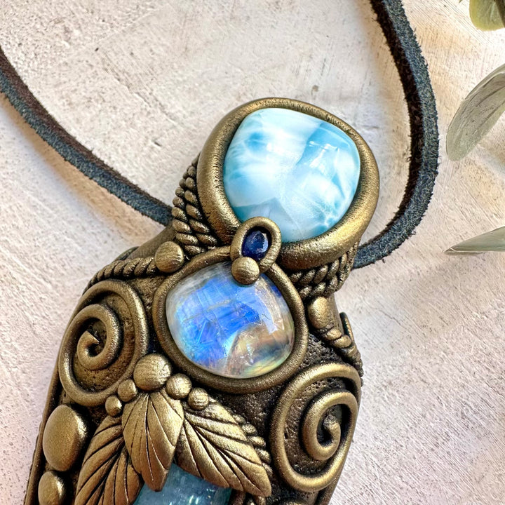 Aqua Aura Quartz with Larimar, Rainbow Moonstone and Blue Sapphire healing crystal talisman necklace.