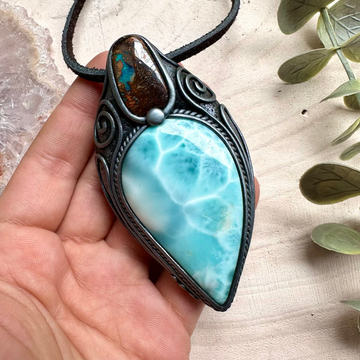 Larimar and boulder opal pendant necklace
