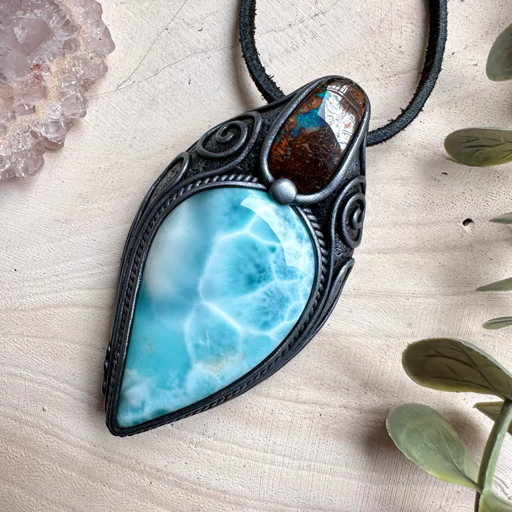 Larimar and boulder opal healing crystal necklace