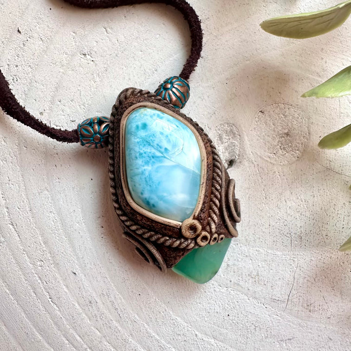 Larimar and Chrysoprase healing crystal pendant necklace
