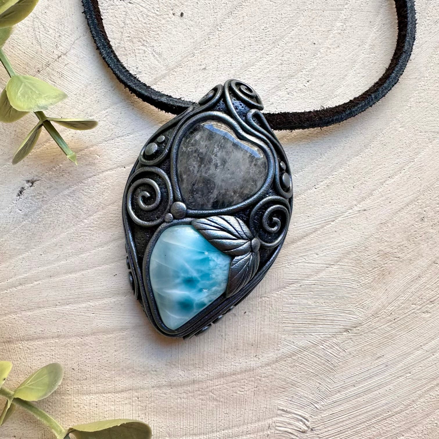 Larimar and clear quartz heart pendant necklace handmade gemstone jewelry