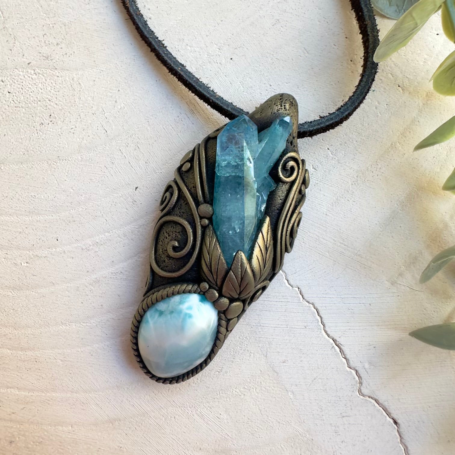 Handmade Larimar necklace with Aqua Aura Quartz crystal