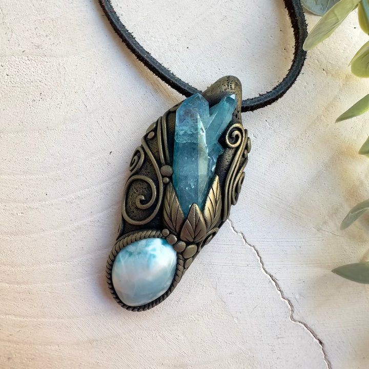 Handmade Larimar necklace with Aqua Aura Quartz crystal